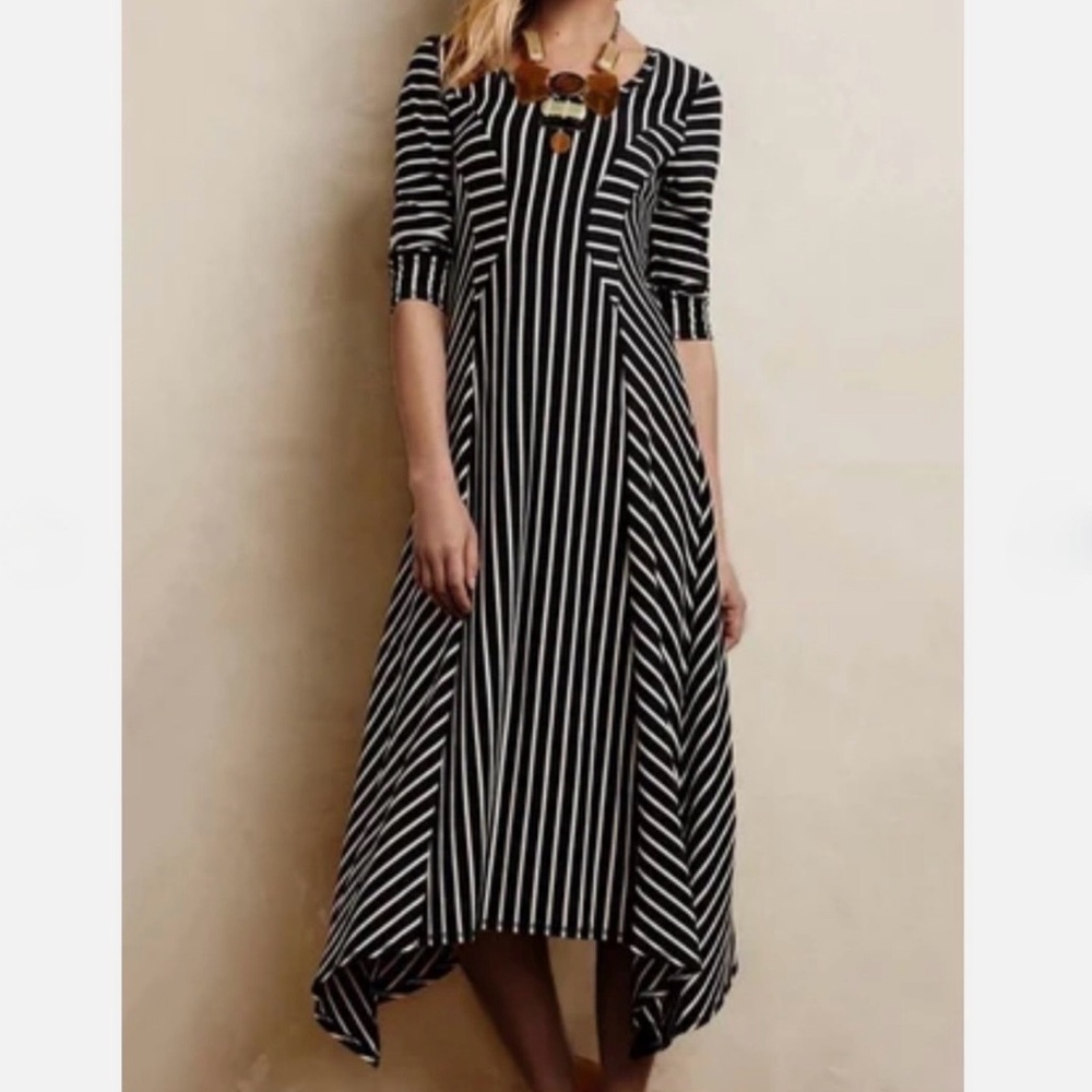 Anthropologie Saturday Sunday Pieced Stripe Asymmetrical Midi Dress Black